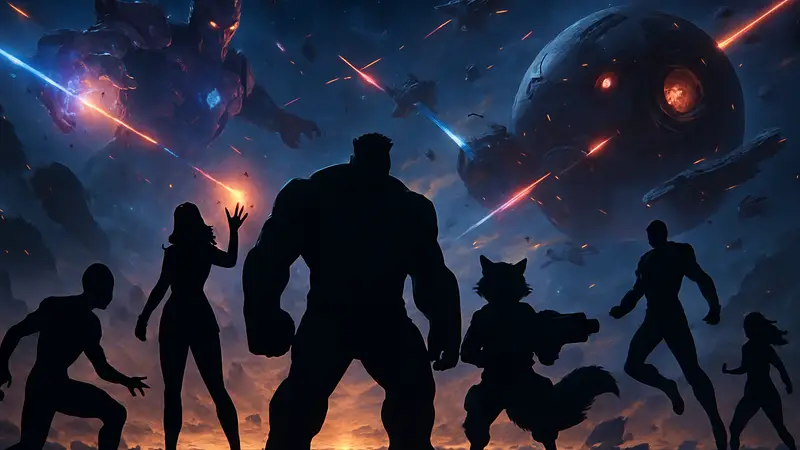 Изображение с персонажами из игры Marvel Rivals на фоне космического сражения.