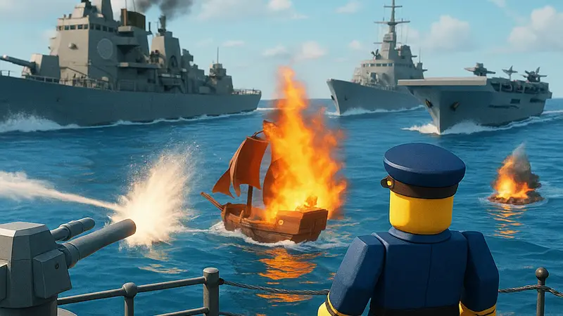 Игровой скриншот из Roblox Navy Tycoon, показывающий морской бой и корабли, с пометкой 'коды'