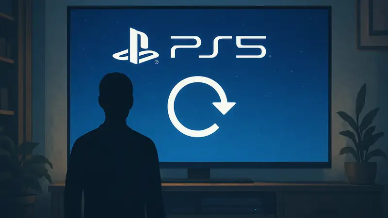 Изображение логотипа PlayStation 5 с текстом "Обновление системы", символизирующее новую прошивку.
