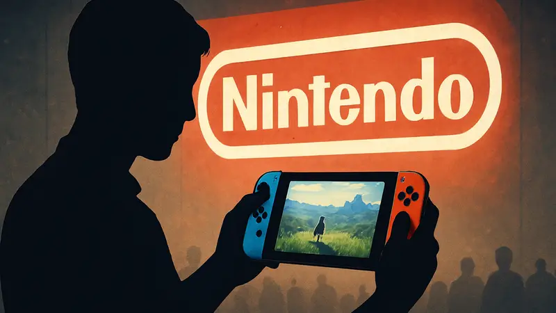 Игрок держит Nintendo Switch в портативном режиме, на фоне логотип Nintendo. История портативных игр.