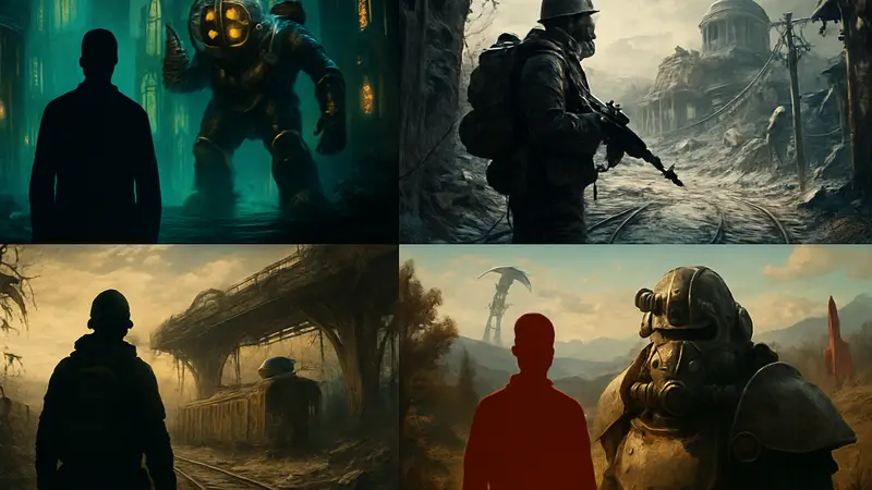 Коллаж из скриншотов известных FPS-игр с проработанными мирами, включая BioShock, Metro 2033 и Fallout.
