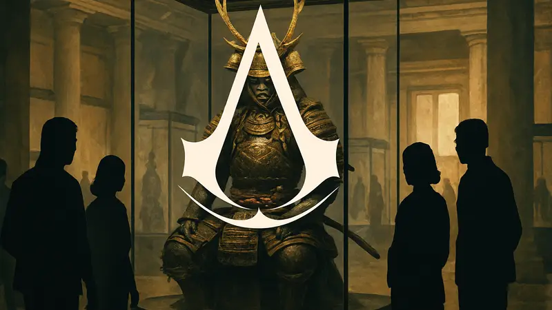 Логотип Assassin's Creed: Shadows на фоне самурайского доспеха, иллюстрация выставки в Британском музее.