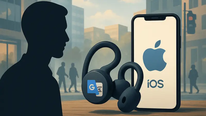 Наушники с функцией перевода Google Translate и логотип iOS на экране смартфона.