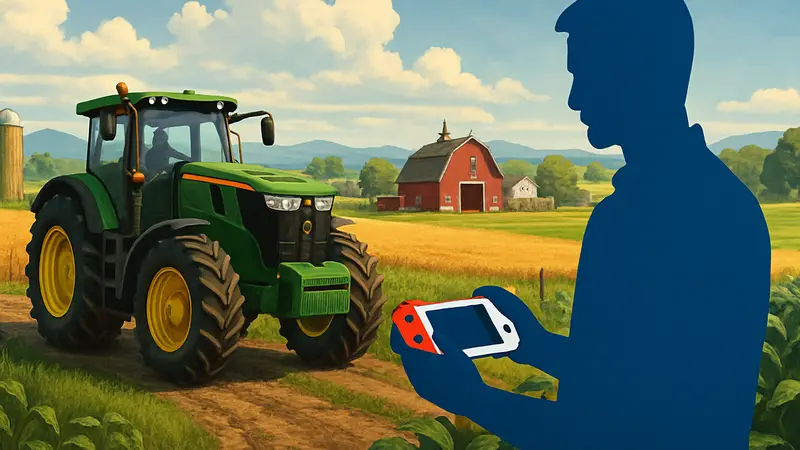Обложка игры Farming Simulator 26, вышедшей на Nintendo Switch и мобильных платформах, с трактором и фермой