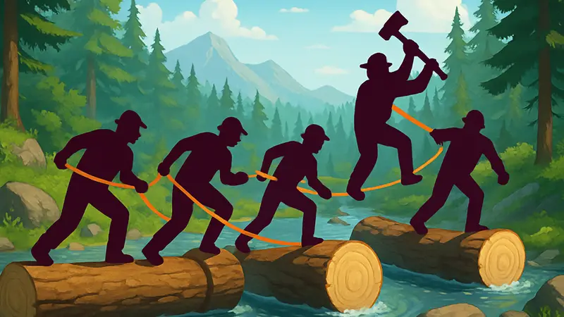Скриншот игры Log Riders с лесорубами и бревнами, кооперативный геймплей на Steam