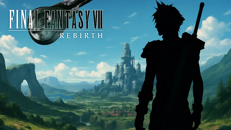 Обложка игры Final Fantasy VII Rebirth с главным героем Клаудом на фоне мира