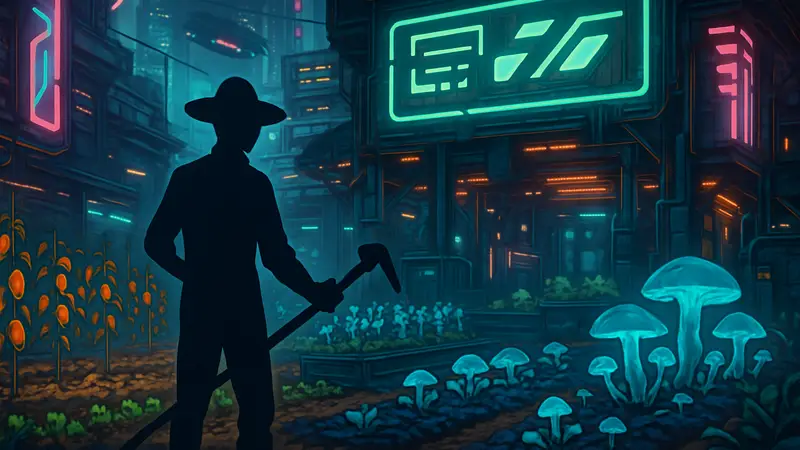 Скриншот из игры Cyber Farmer, демонстрирующий киберпанк-ферму с неоновыми вывесками и необычными культурами.