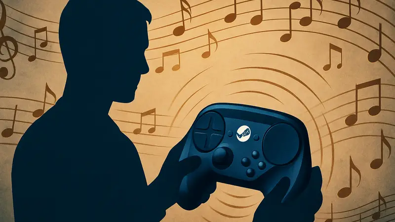 Steam Controller вибрирует в такт музыке, создавая мелодию, на фоне музыкальных нот