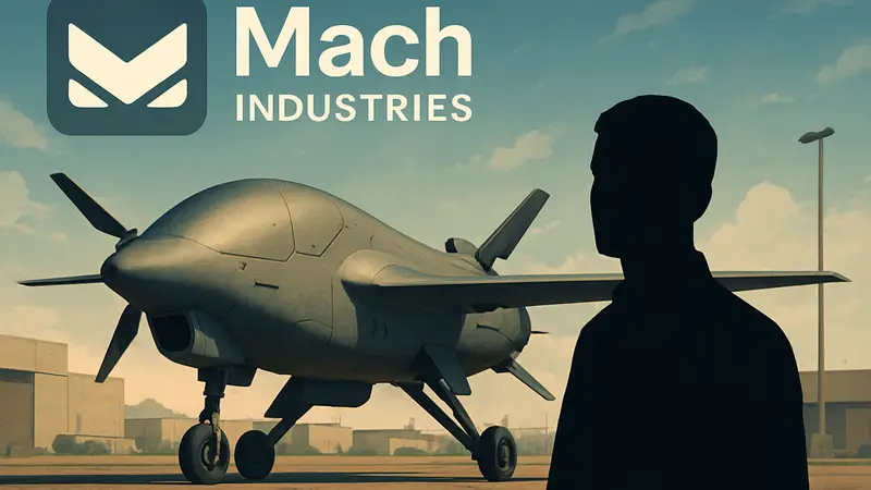 Логотип Mach Industries на фоне автономного летательного аппарата