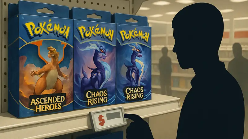 Набор бустеров коллекционных карт Pokémon на полке магазина Target с ценником.