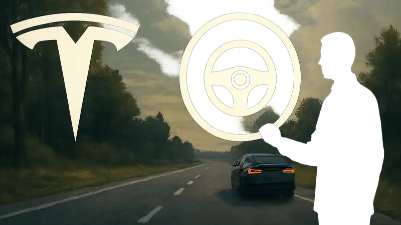 Логотип Tesla и значок Full Self-Driving на фоне дороги, символизирующий урегулирование иска.