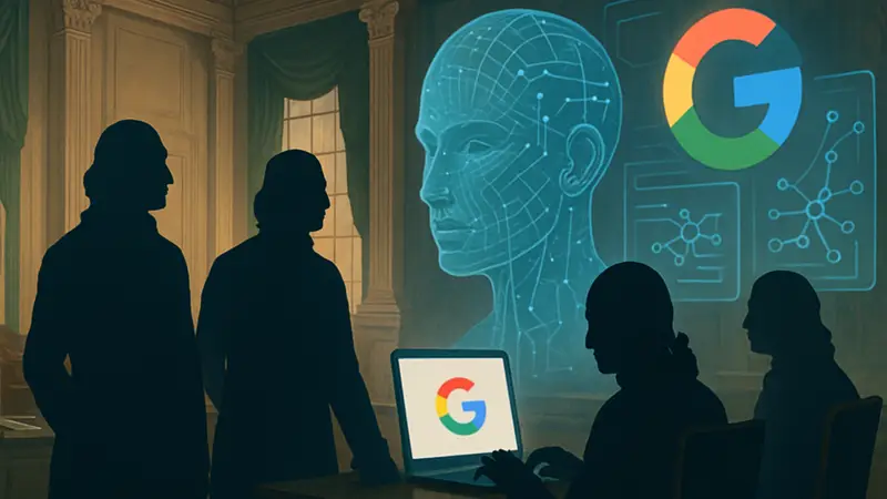 Историческая иллюстрация отцов-основателей США с элементами футуристических технологий ИИ Google