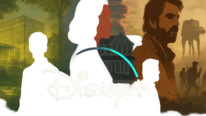 Логотип Disney+ на фоне коллажа из изображений мини-сериалов «Разрабы», «ВандаВижн», «Андор»