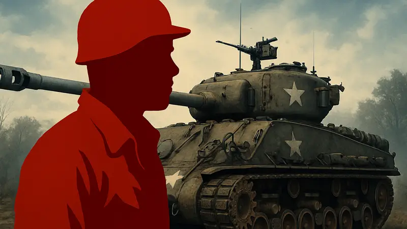 Брэд Питт в образе танкиста из фильма «Ярость» на фоне танка Sherman