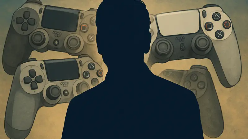 Портрет Шона Лейдена, бывшего главы PlayStation, на фоне игровых контроллеров.