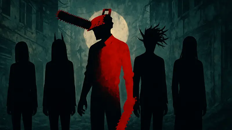 Иллюстрация главных злодеев из аниме Chainsaw Man, выполненная в мрачном стиле.