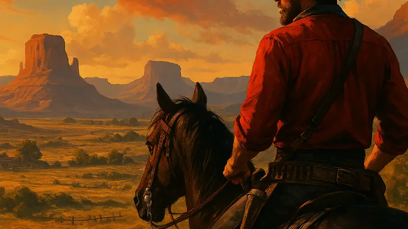 Главный герой Red Dead Redemption 2 верхом на лошади на фоне Дикого Запада, символизирующий ожидания от игры.