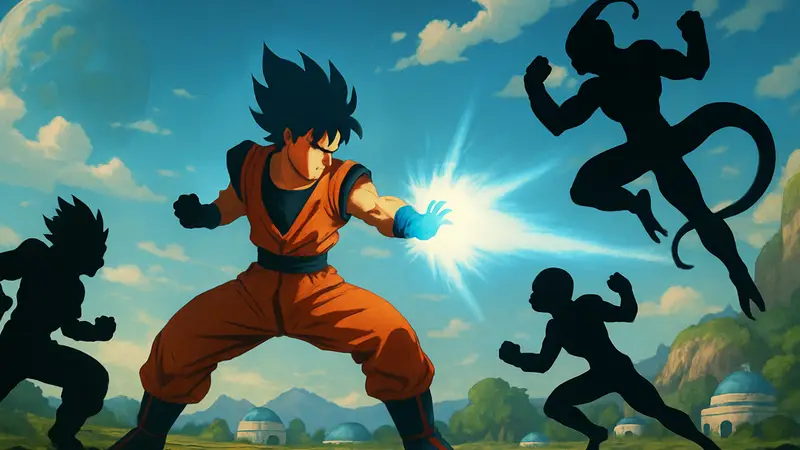 Эпизод из аниме Dragon Ball Super с главными персонажами, демонстрирующий динамичную сцену.