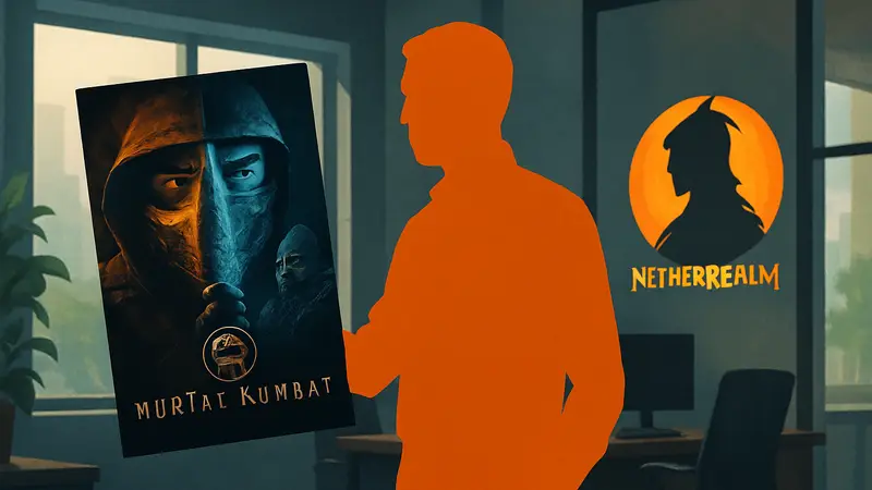 Сценарист Mortal Kombat 2 с постером фильма и логотипом NetherRealm Studios