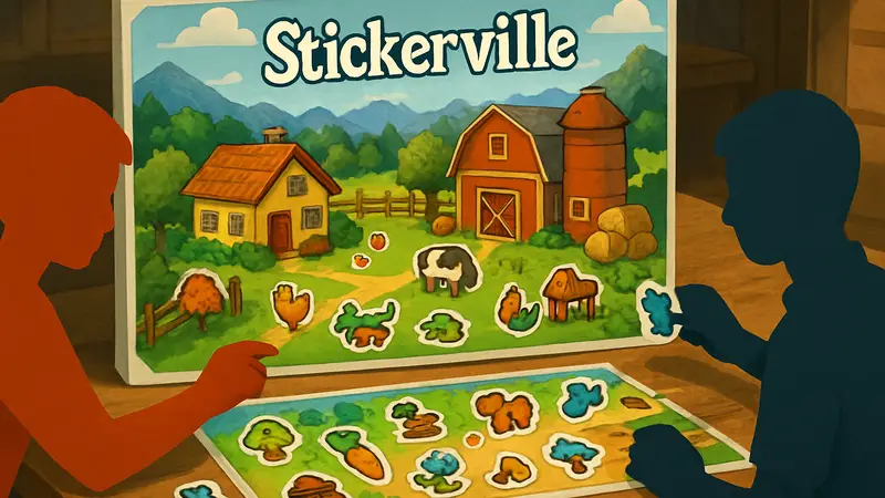 Иллюстрация настольной игры Stickerville, похожей на Stardew Valley, с изображением фермы и стикеров.