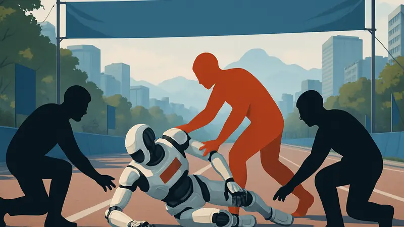 Робот-бегун, упавший на старте марафона в Китае, команда помощи