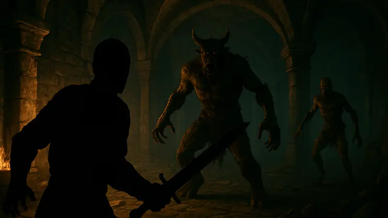 Скриншот фанатского ремейка Diablo II от первого лица, битва с монстрами в подземелье.