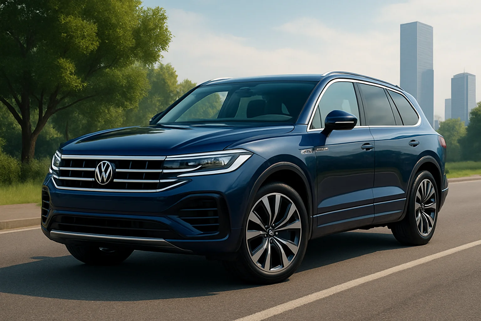 Новый внедорожник Volkswagen Touareg 2026 года с мощным V6 и пневматической подвеской, припаркованный на дороге.