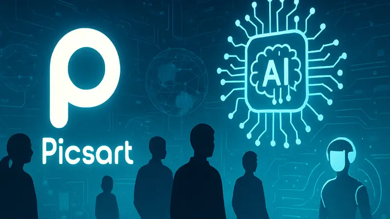 Логотип Picsart и символика искусственного интеллекта, иллюстрирующие новую платформу ИИ-агентов.