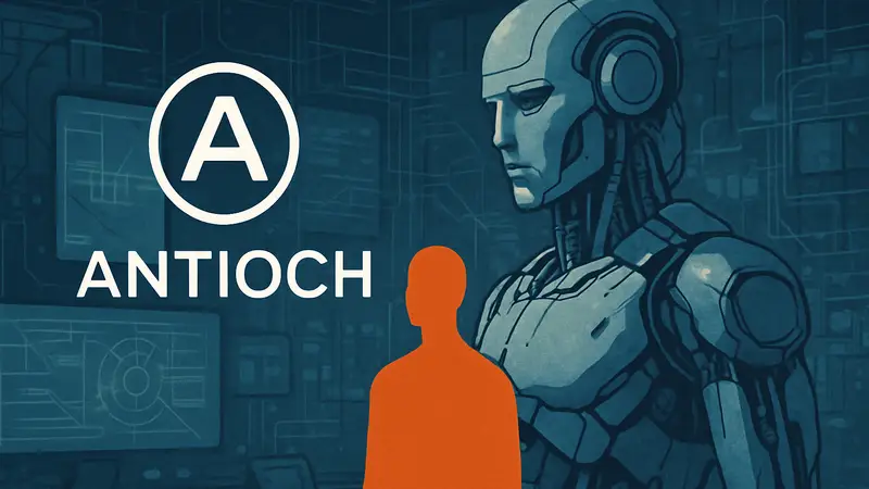 Логотип стартапа Antioch на фоне схематического изображения робота или симуляции.