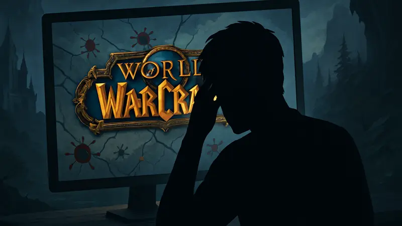 Логотип World of Warcraft на фоне игрового экрана, символизирующий проблемный патч и баги