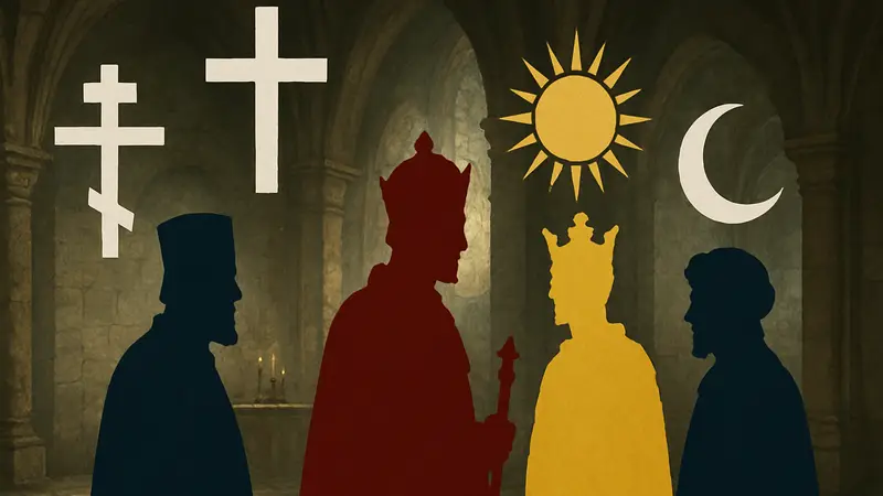 Иллюстрация дополнения By God Alone для Crusader Kings 3, с религиозными символами и персонажами средневековья.
