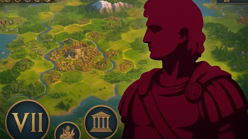 Изображение Александра Македонского в Civilization 7 на фоне элементов интерфейса игры, анонс обновления.