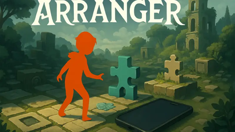 Обложка игры Arranger, изображающая персонажа в мире плиточных головоломок, доступной на мобильных устройствах.