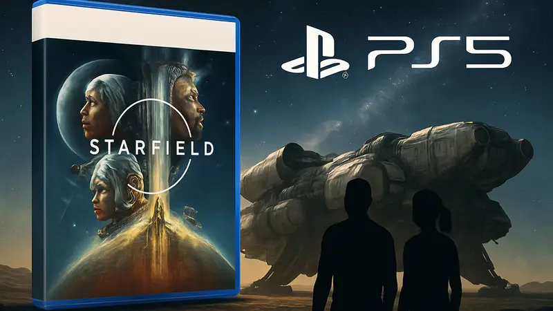 Обложка игры Starfield на фоне космического корабля, логотип PS5.