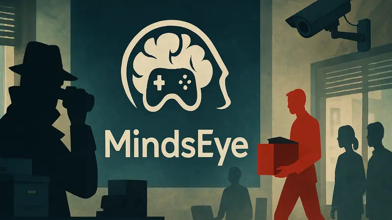 Логотип студии MindsEye на фоне символов шпионажа и увольнений в игровой индустрии
