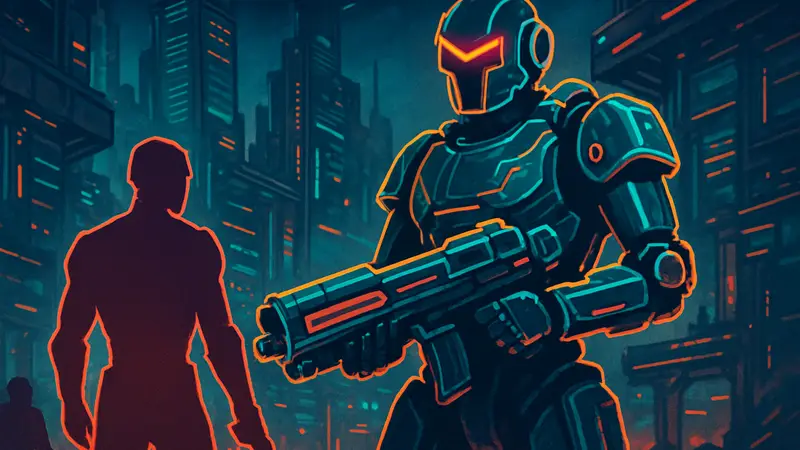 Обложка игры Neon Phonk Robots с футуристическими неоновыми роботами и оружием, стилизованная под ретро.