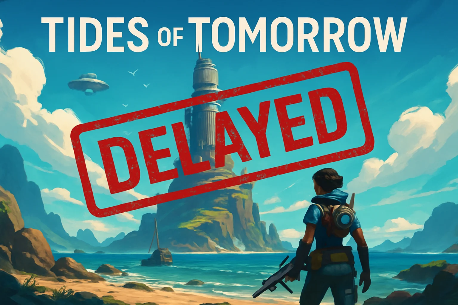 Изображение обложки игры Tides of Tomorrow с красной надписью "DELAYED" или "ПЕРЕНЕСЕНО", символизирующей перенос релиза.
