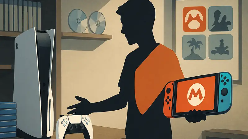 Игрок переключается с PlayStation 5 на Nintendo Switch 2, на фоне дисковые и цифровые игры