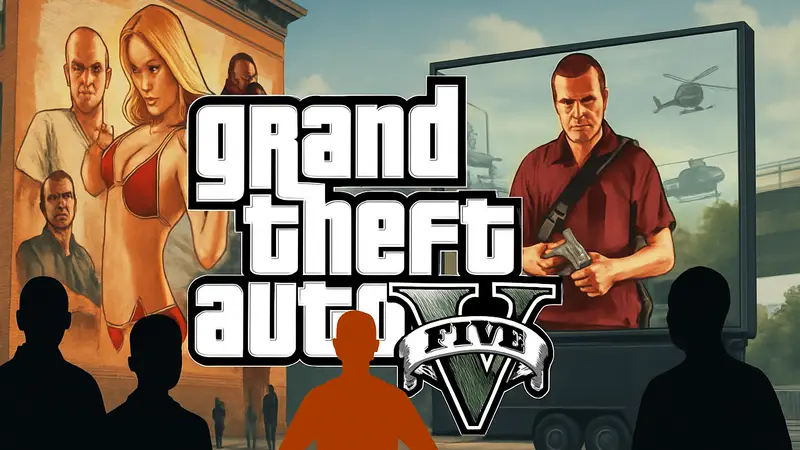 Изображение логотипа Grand Theft Auto V и маркетинговых материалов, таких как фрески или трейлеры.