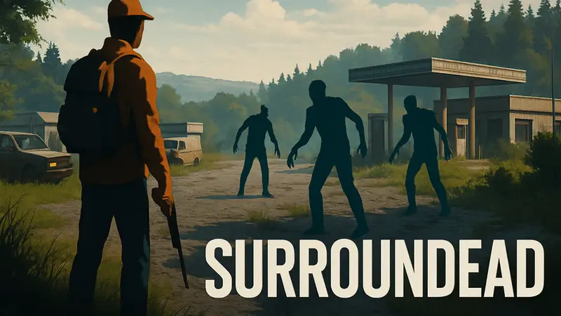 Скриншот из игры Surroundead на Steam, показывающий открытый мир и зомби, с логотипом акции.