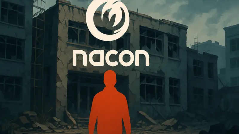 Логотип Nacon на фоне проблемной студии, символизирующий кризис в игровой индустрии.