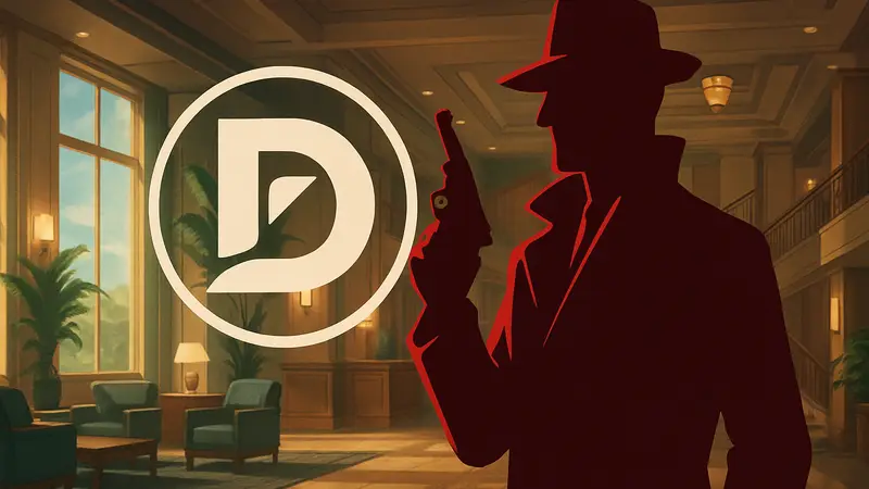 Кадр из игры Deceive Inc. с агентом в шпионском костюме и логотипом игры.