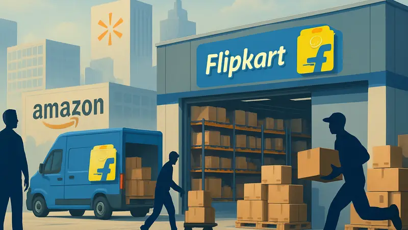 Микрофулфилмент-центр Flipkart в Индии на фоне логотипов компаний Walmart и Amazon, символизирующий быструю доставку