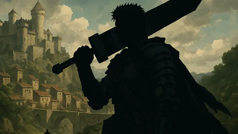 Кадр из аниме «Берсерк» 1997 года, персонаж Гатс в доспехах.