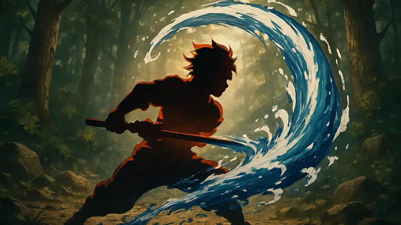 Танджиро Камадо из аниме Demon Slayer использует дыхательную технику в бою