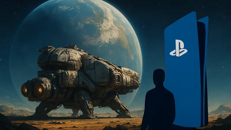 Космический корабль из Starfield на фоне далёкой планеты, символизирующий релиз на PS5.