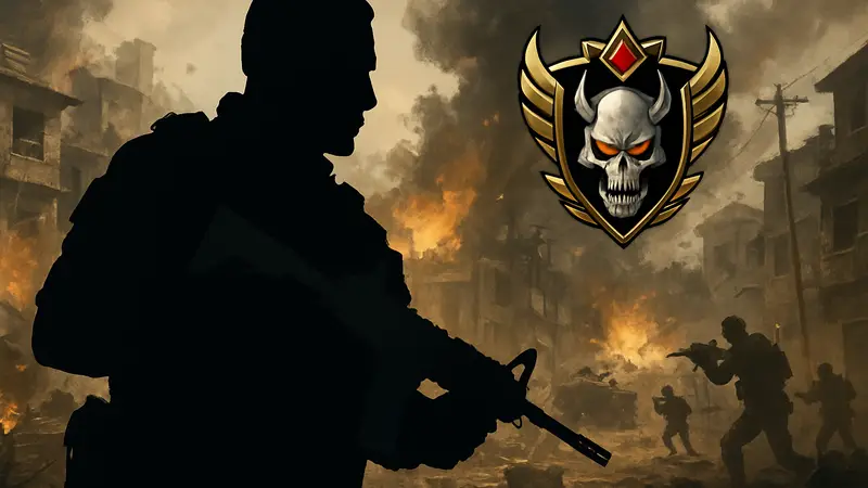 Игровой персонаж из Black Ops 2 с символикой Prestige на фоне боевой сцены.