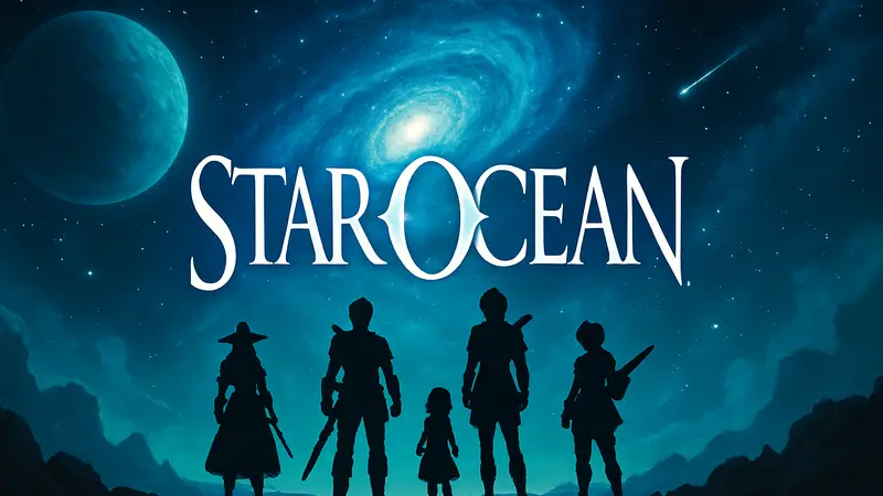 Логотип Star Ocean на фоне космического пейзажа с персонажами