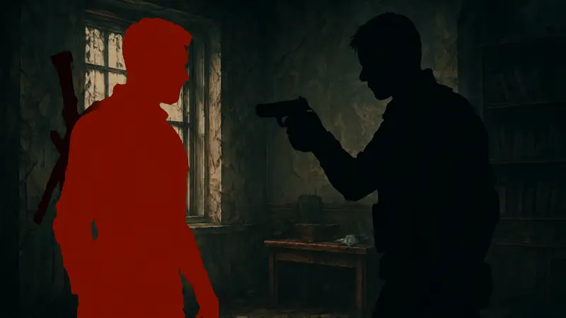 Сцена из Resident Evil Requiem, демонстрирующая момент подозрения или предательства между персонажами.