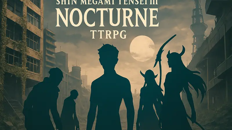 Логотип Shin Megami Tensei III Nocturne TTRPG с изображением персонажей игры.